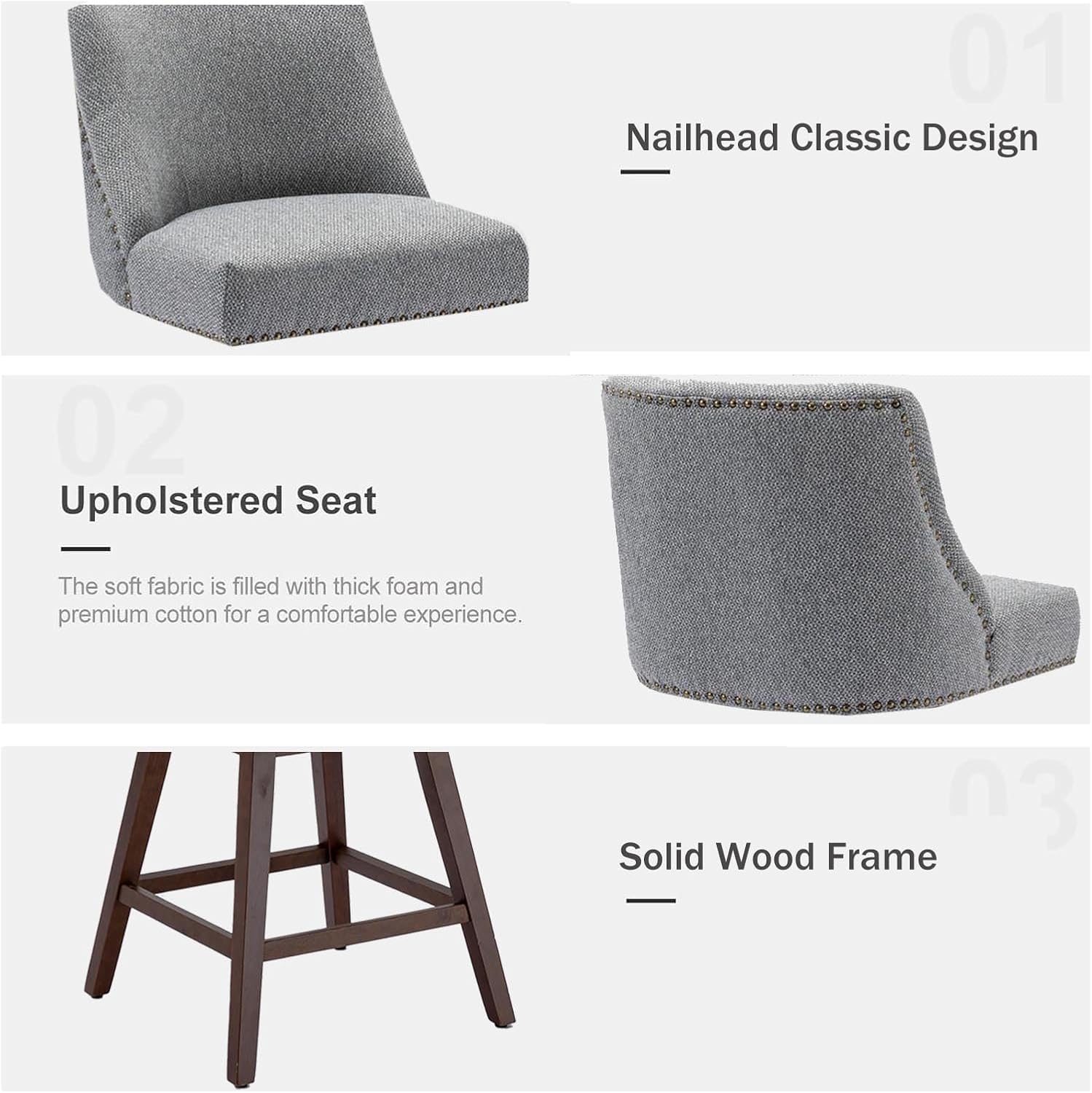 Swivel Counter Bar Stools Set of 2, 26 Inch Bar Chairs with Backs, Mid-Century Modern Solid Wood Kitchen Island Stools, 350lbs Heavy Duty, Grey Linen & Cherry Frame