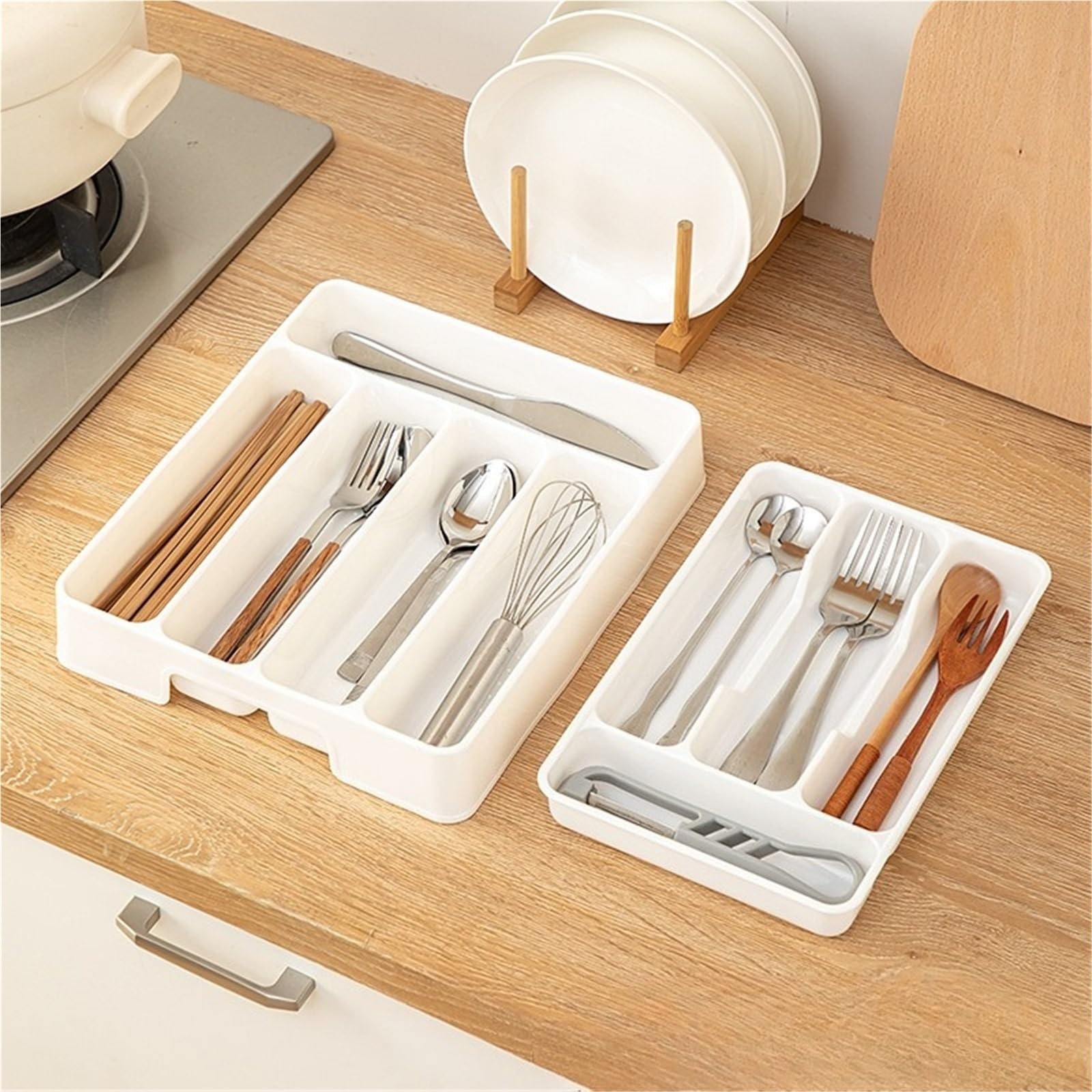 Lot de 2 organisateurs tiroir cuisine avec séparateurs réglables, boîte rangement for ustensiles (couteaux, fourchettes, cuillères, baguettes), plateau intégré Pour Ustensiles(Black,17.7x27x4.5cm)