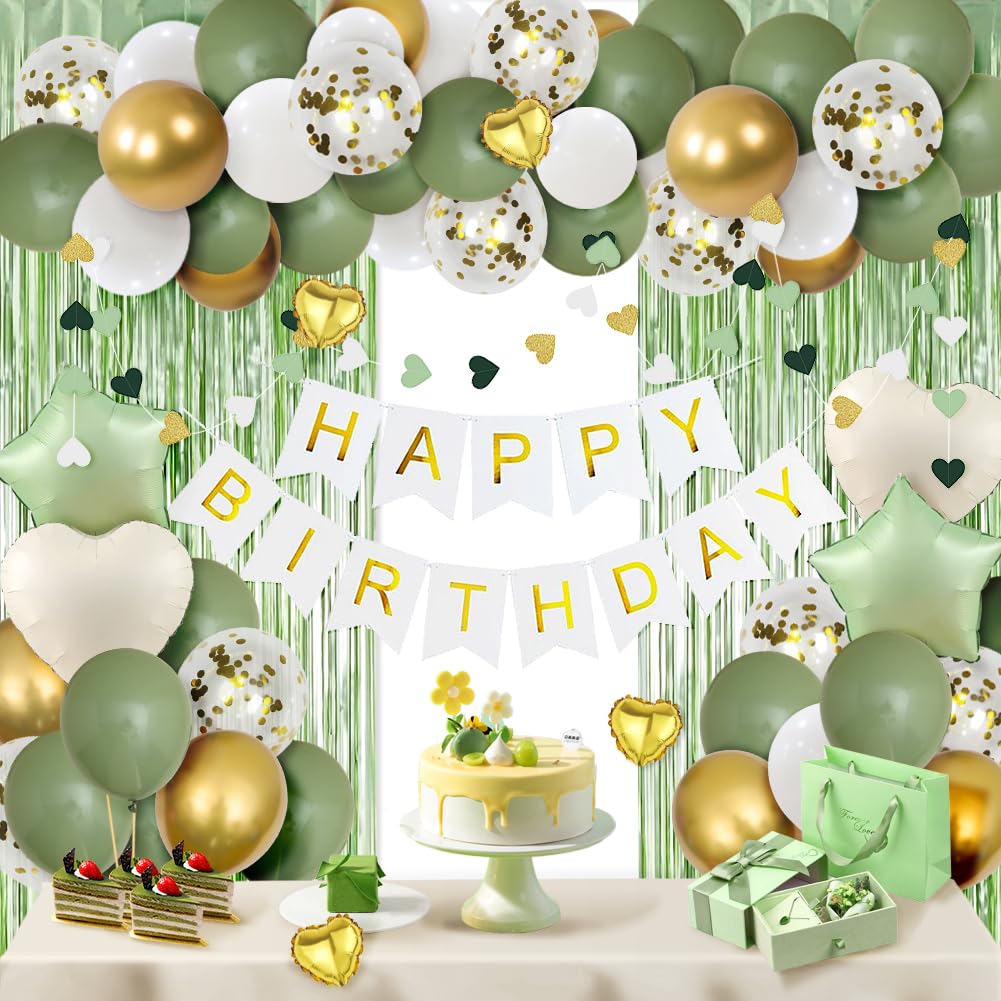 MSMANCY Sage Green Birthday Decorations for Women, Happy Birthday Banner, Curtains, Heart Star Balloons for 16th 18th 21st 30th 40th 50th 60th
