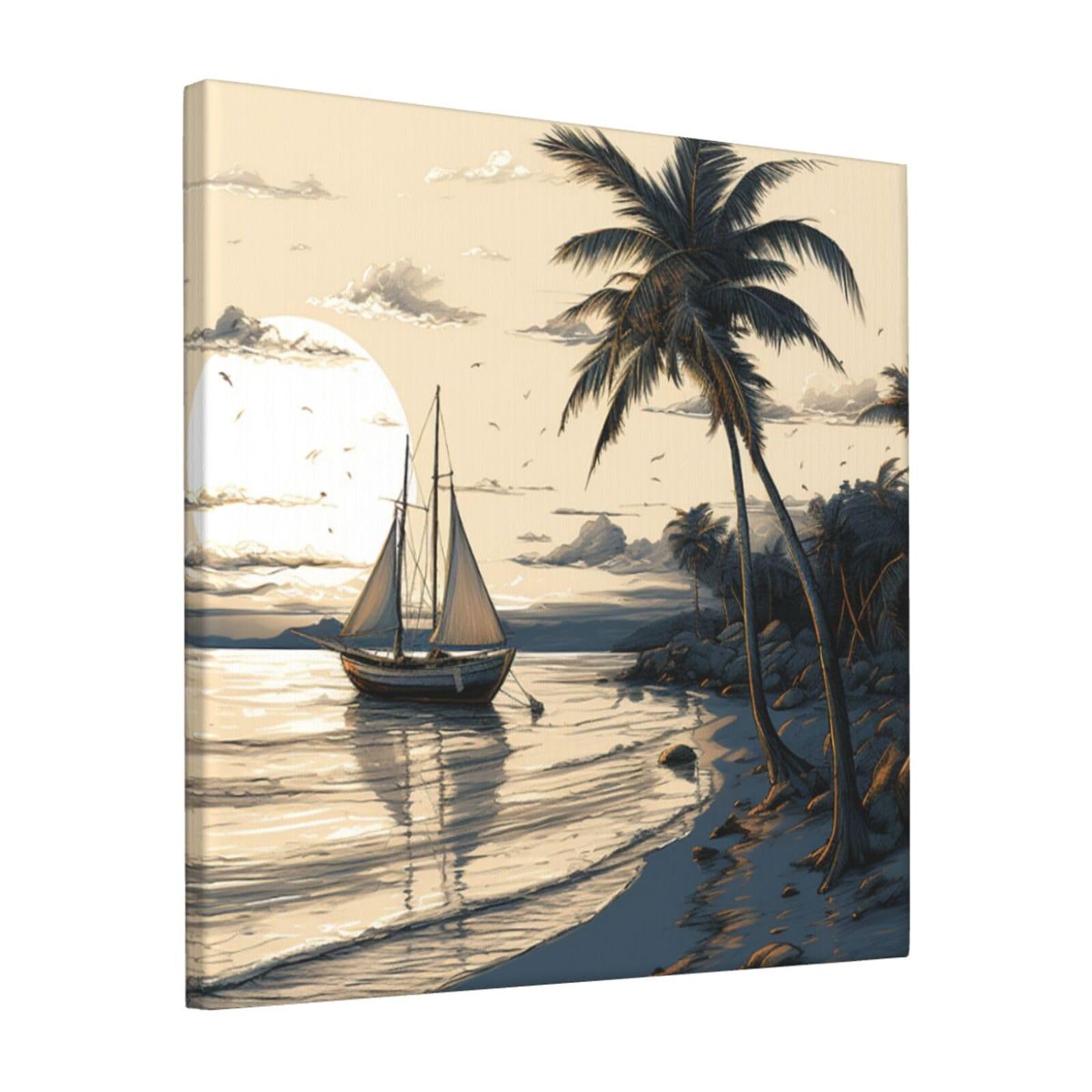 FodPand Palm Trees Fishing Boat Canvas Wall Art for Living Room Wall Decor 12"x12" Modern Artwork Painting Pictures Hanging Canvas Prints Aesthetic Wall Art for Bedroom Bathroom Office Wallart Decor
