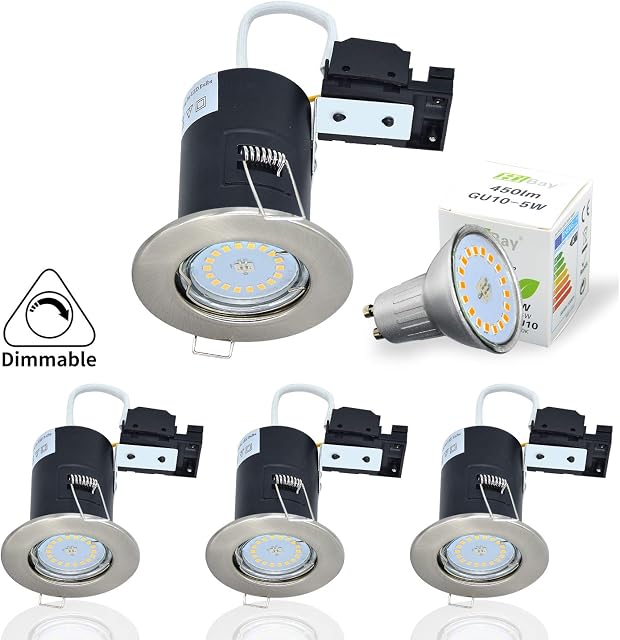 4X 5W Dimmable Fire Rated GU10 LED Downlights Recessed Ceiling Lights Spotlight Brushed Chrome Warm White 240V
