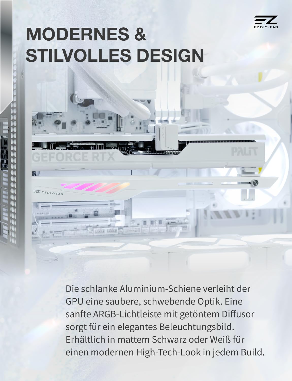 EZDIY-FAB VH90 ARGB Soporte de GPU Soporte Ajustable Anticaída Tarjeta Gráfica con Riel de Precisión y Mecanismo de Elevación Diseño Reforzado 5V Sincronización de Placa Base de 3 Pines, Blanco