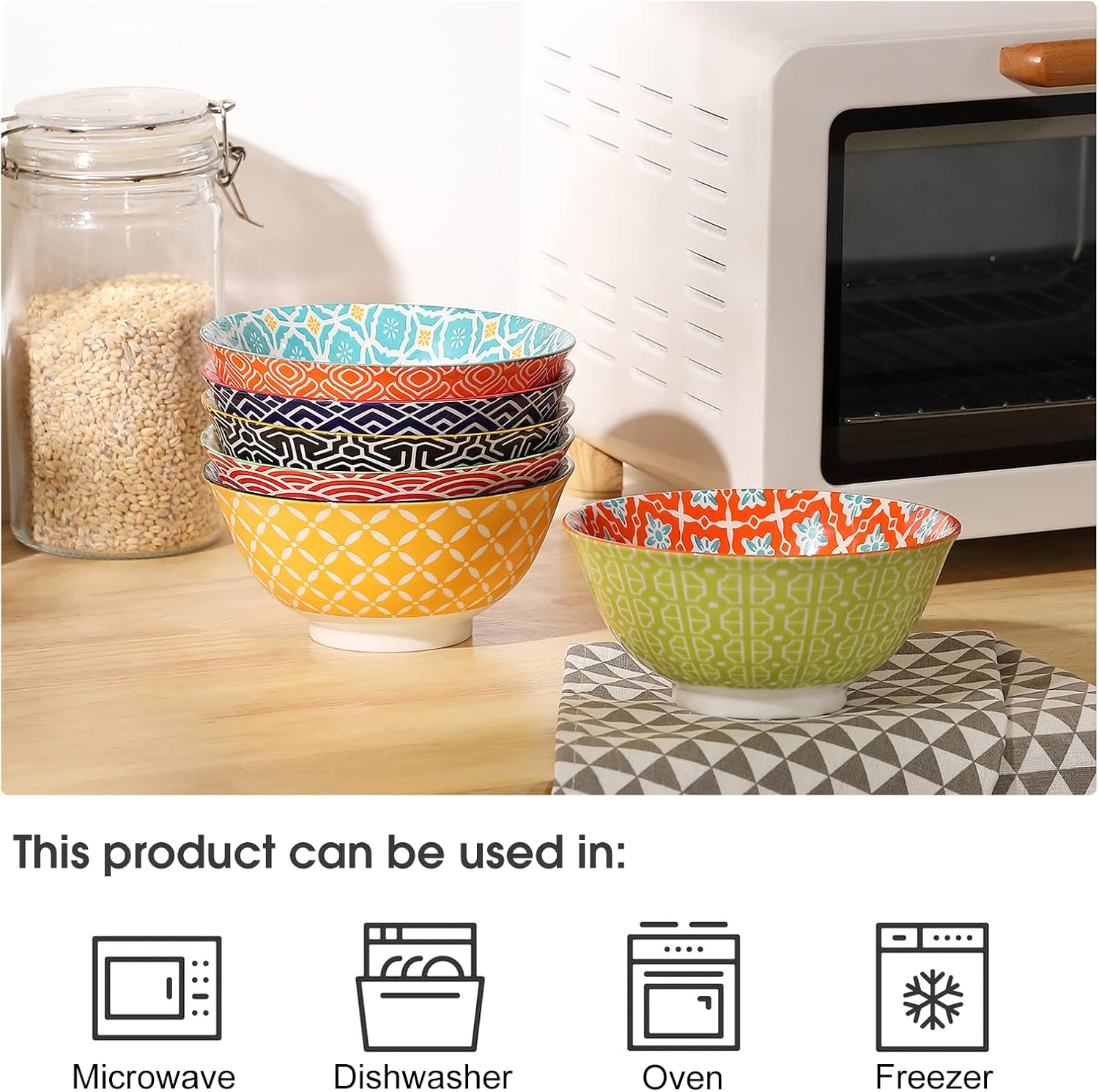 Ceramic Cereal Bowls, 23 Oz Colorful Soup Bowls, Deep Porcelain Bowl Set for Salad, Dessert, Pasta, Ice Cream,Set of 6 - Image 4