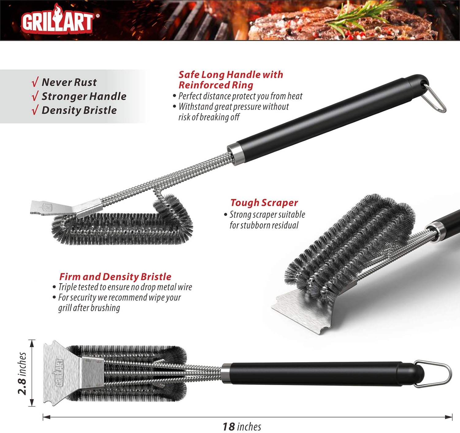 GRILLART Grill Brush and Scraper with Deluxe Handle - Safe Stainless Steel Wire Grill Brush for Gas Infrared Charcoal Porcelain Grills - BBQ Cleaning Brush for Grill Grate Cleaner : Patio, Lawn & Garden