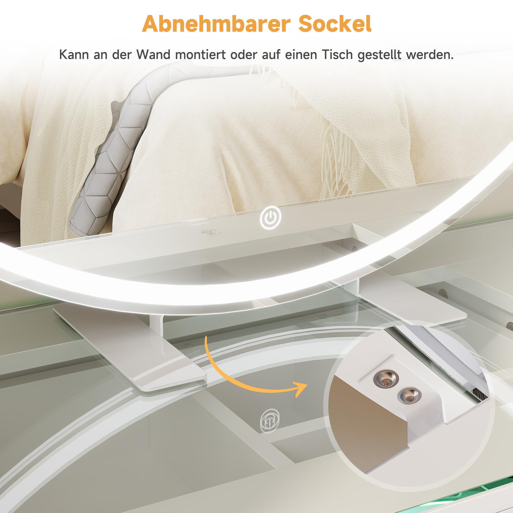 Schminkspiegel mit Beleuchtung Runder 80cm, LED Tischspiegel mit 3 Farbe modi dimmbar, Kosmetikspiegel mit Touchschalter und Steckdose, Abnehmbarer Standfuß, Wandmontage oder Tisch montiert