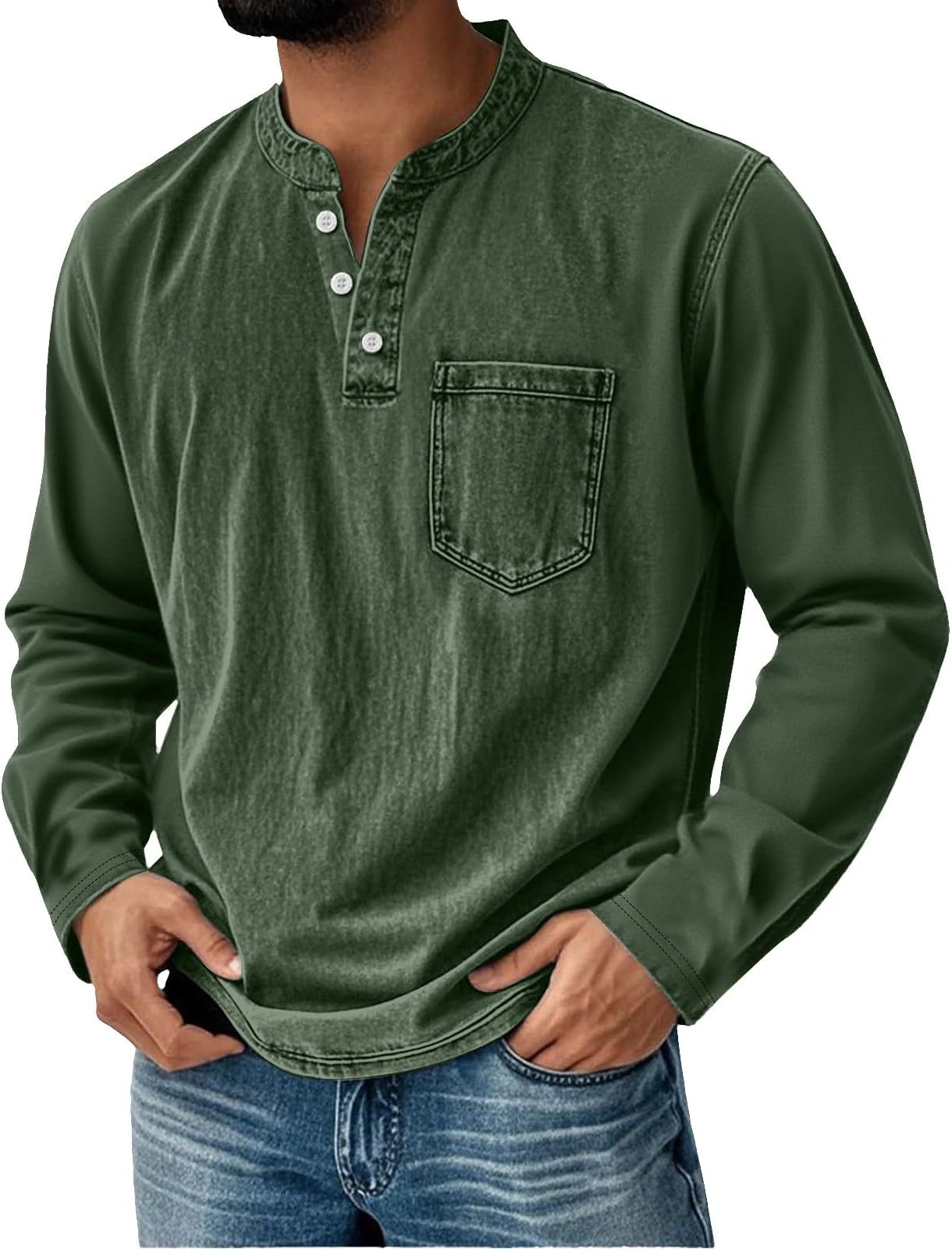 Henley Shirts for Men Long Sleeve Pullover Polo Rugby Shirt Vintage Button Up Country Distressed Western Washed T-Shirt