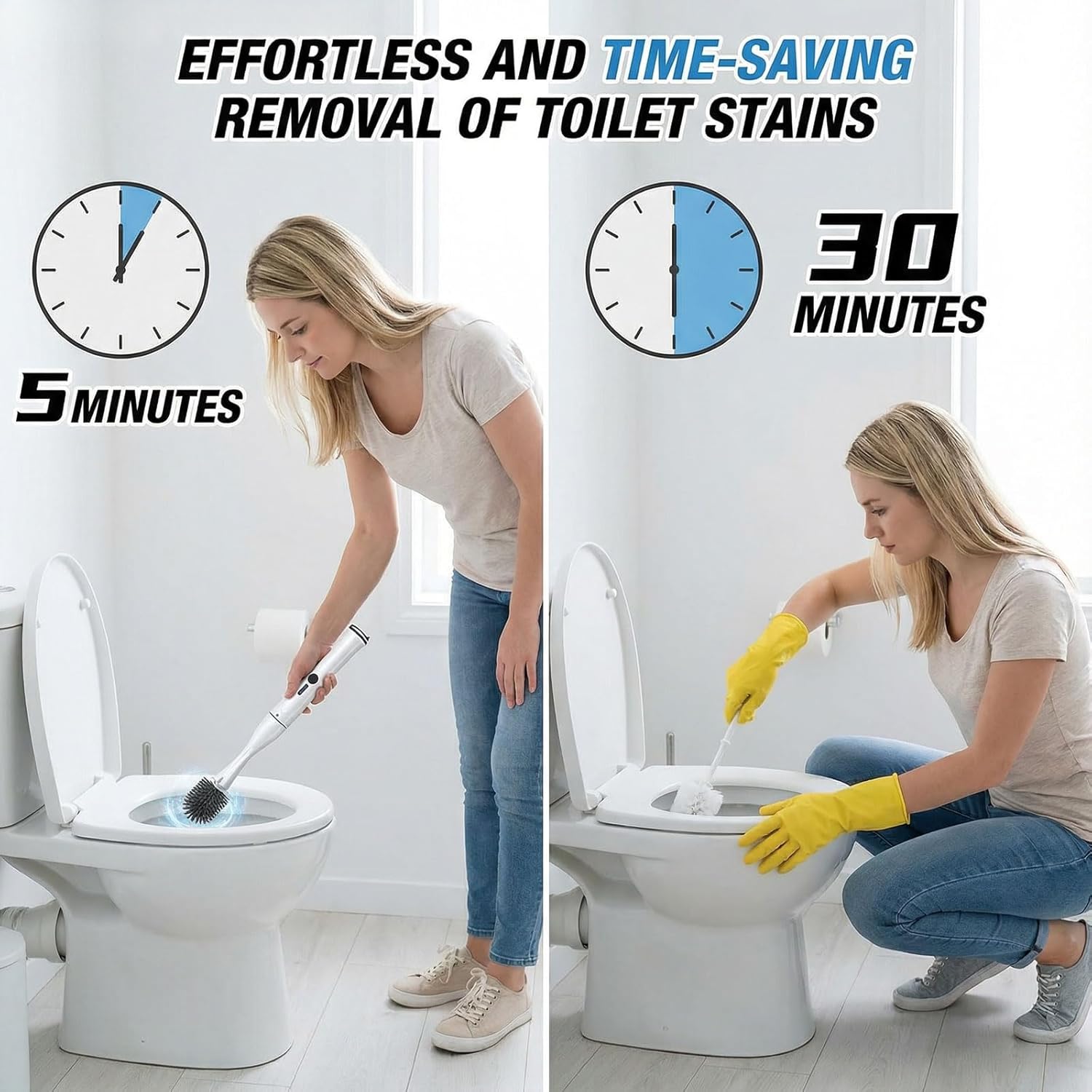 Electric Toilet Brush Scrubber and Holder Set,Electric Toilet Bowl Cleaning Kit with 8 Disposable Refill Heads,Hard Nylon Brush and Soft Silicone Brush