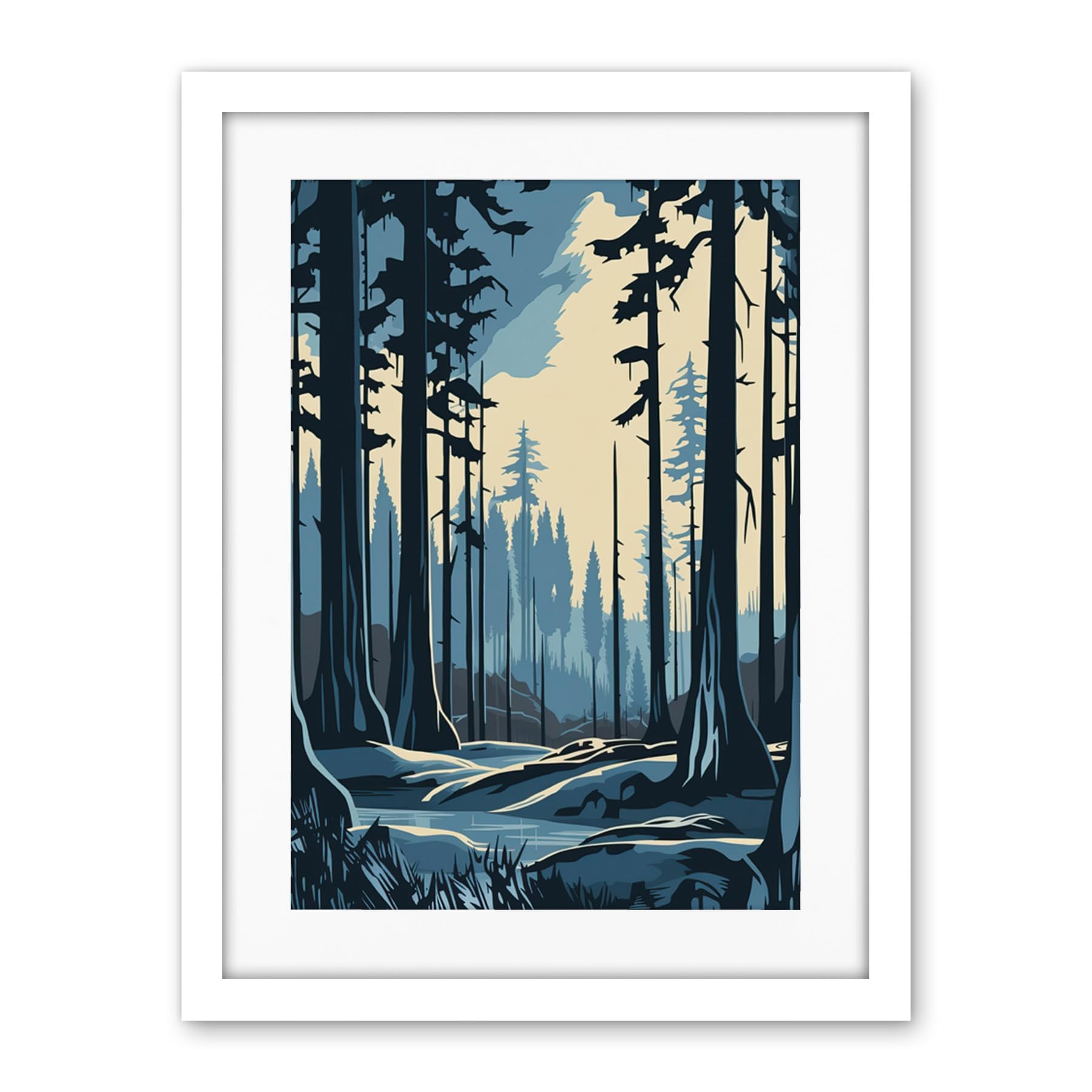 Artery8 Taiga Boreal Forest Winter Landscape Illustration Artwork Framed Wall Art Print 18X24 Inch