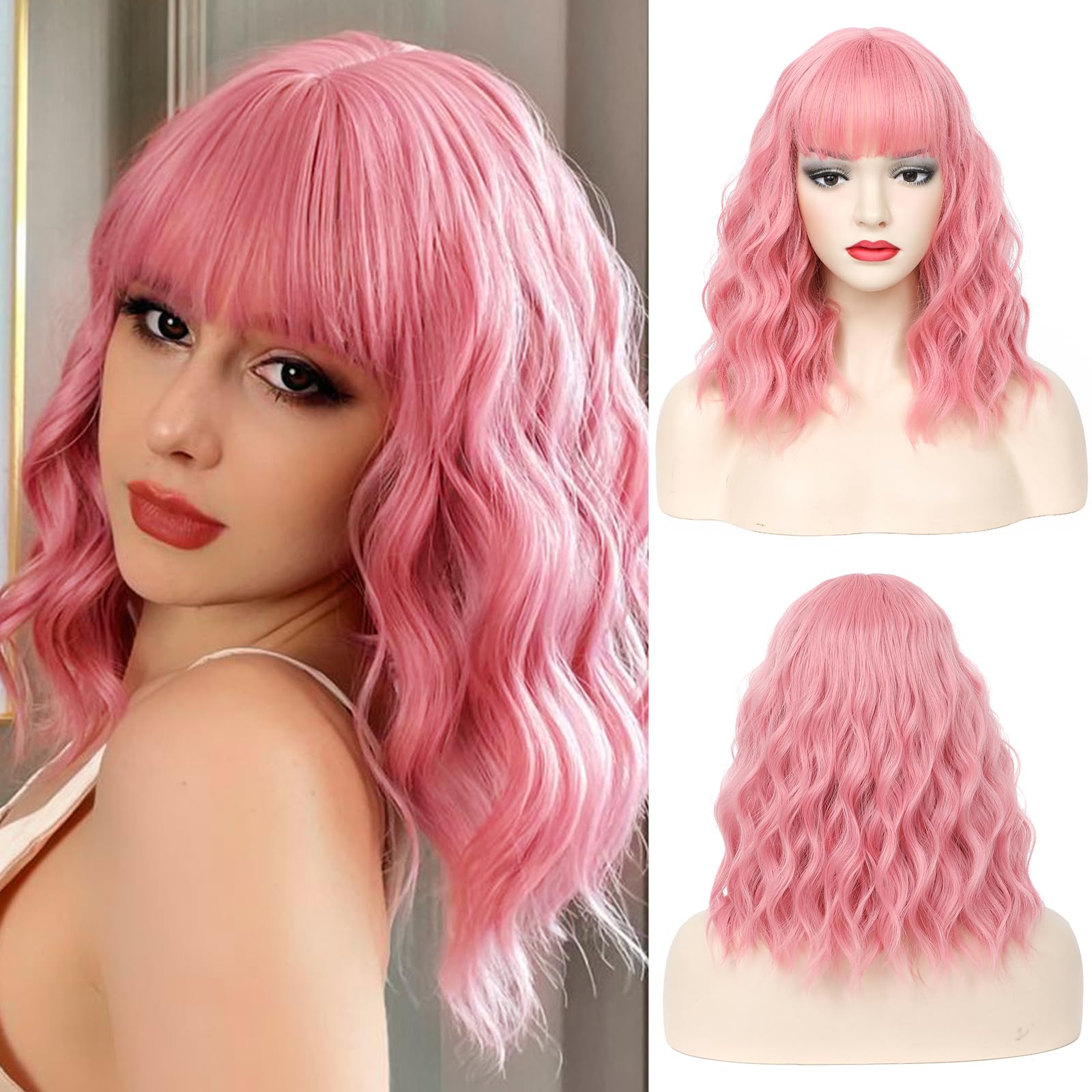 CLIONE Pink Wigs for Women Short Bob Pink Wig with Bangs Shoulder Length Women Girls Synthetic Hair Wigs Short Wavy Wig with Bangs Lovely Pink Cosplay