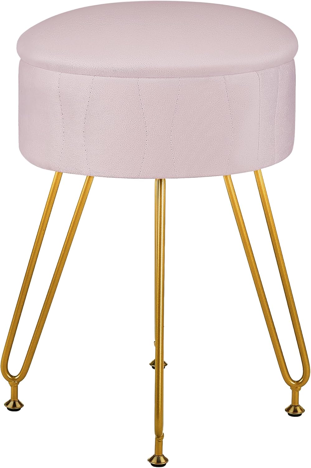 VECELO Vanity Stool with Storage, Velvet Chair for Vanity, Strong Metal Legs, Anti-Slip Feet, Padded Seat for Make Up, Bedroom, Living Room, Entryway, Pink