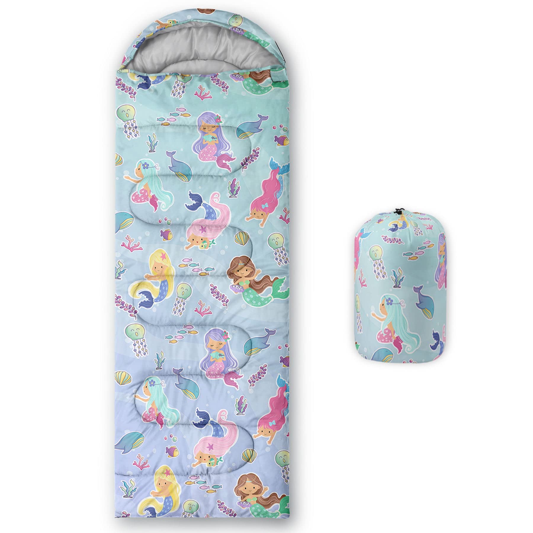 Datura home Kids Sleeping Bag for Boys Girls,Watercolor Mermaid Print-Lightweight Warm Portable Outdoor Indoor-Waterproof Cold Weather Resistant