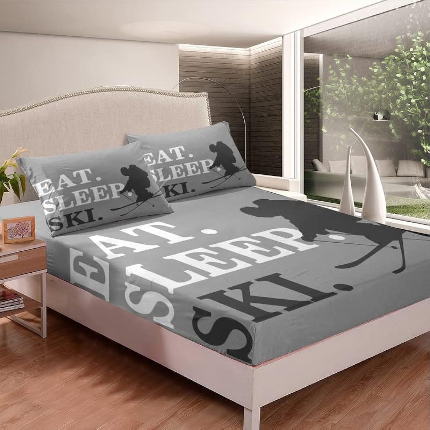 jejeloiu Fitted Sheet Set Winter Skiing Sports Room Decor Lightweight Gray Bed Cover Full Size with 2 Pillow Case