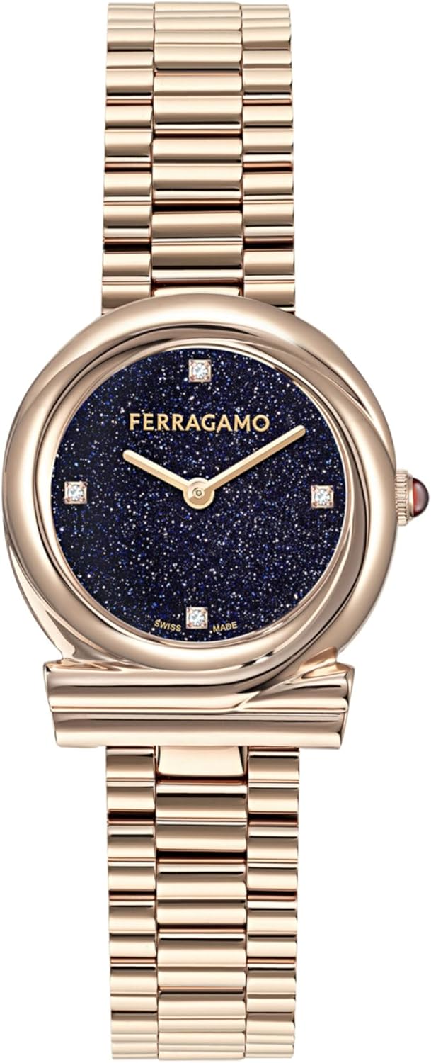 Ferragamo Gancini Twisted Collection Luxury Womens Watch Timepieces with a Rosegold Bracelet Featuring a Rose Gold Case and a Blue Dial