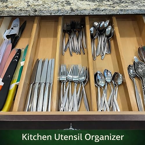 Miniatura 5 de Separadores de cajones de bambú, paquete de 6 unidades de 2.4 pulgadas de altura ajustable de 12.5 a 17 pulgadas, funciona en cocina, tocador, baño,