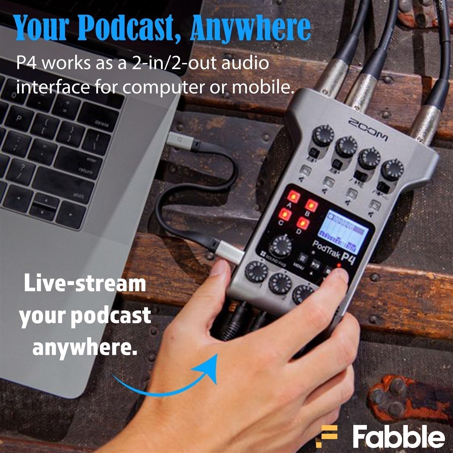 Zoom PodTrak P4 Multitrack Recorder bundle with a microphone kit, headphones, windscreen, tabletop mic stand, XLR cable, boom arm, 64GB microSD card, and premium AA batteries.