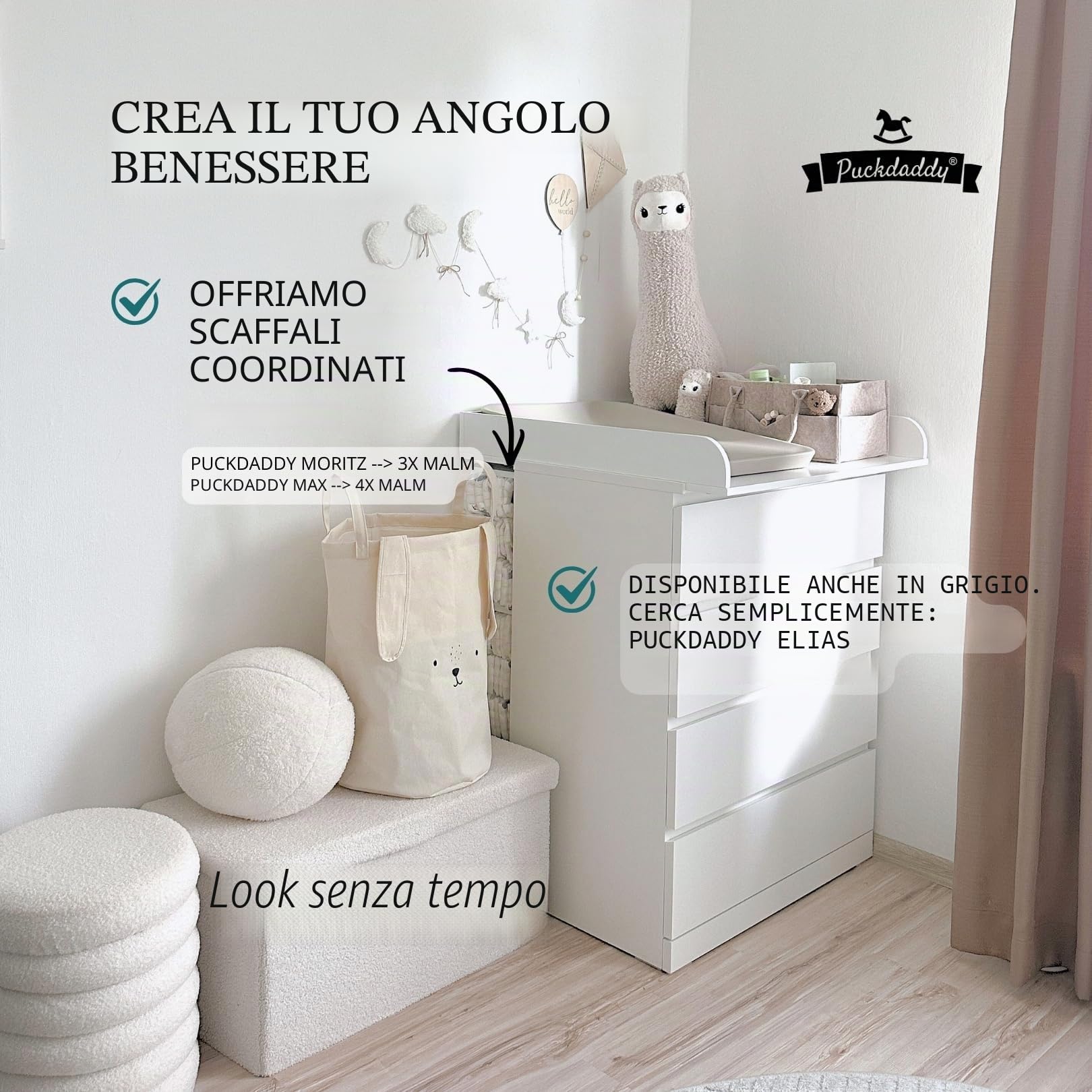 Puckdaddy - Moritz compatibile con cassettiera IKEA Malm e simili - fasciatoio in legno bianco 80x78x10 cm - fasciatoio di alta qualità incl. materiale di fissaggio per montaggio a parete