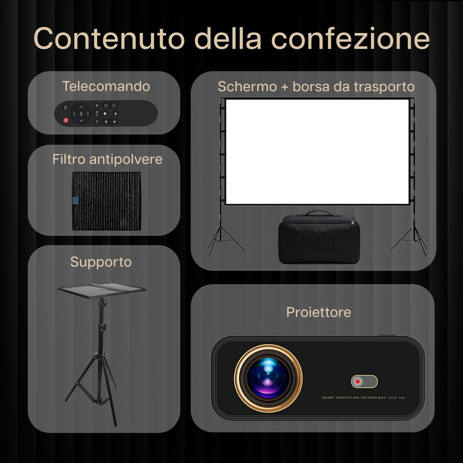 Proiettore 1080P Nativo WiFi & Bluetooth con Schermo 100 Pollici e Supporto – 4K Supporto, 900 ANSI, Correzione Keystone Automatica – Per HDMI, USB, iOS & Android – 50–300 Pollici – Di MMOBIEL