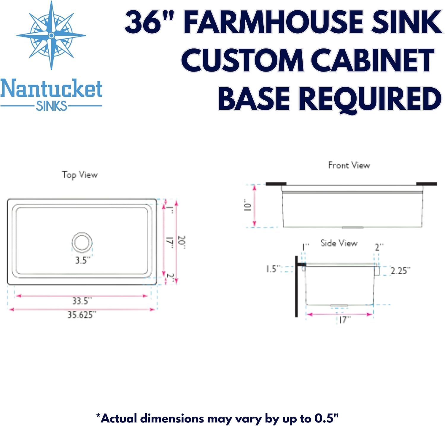 Nantucket Sinks Yarmouth-36W Decorative Apron Farmhouse Fireclay Sink, 36"