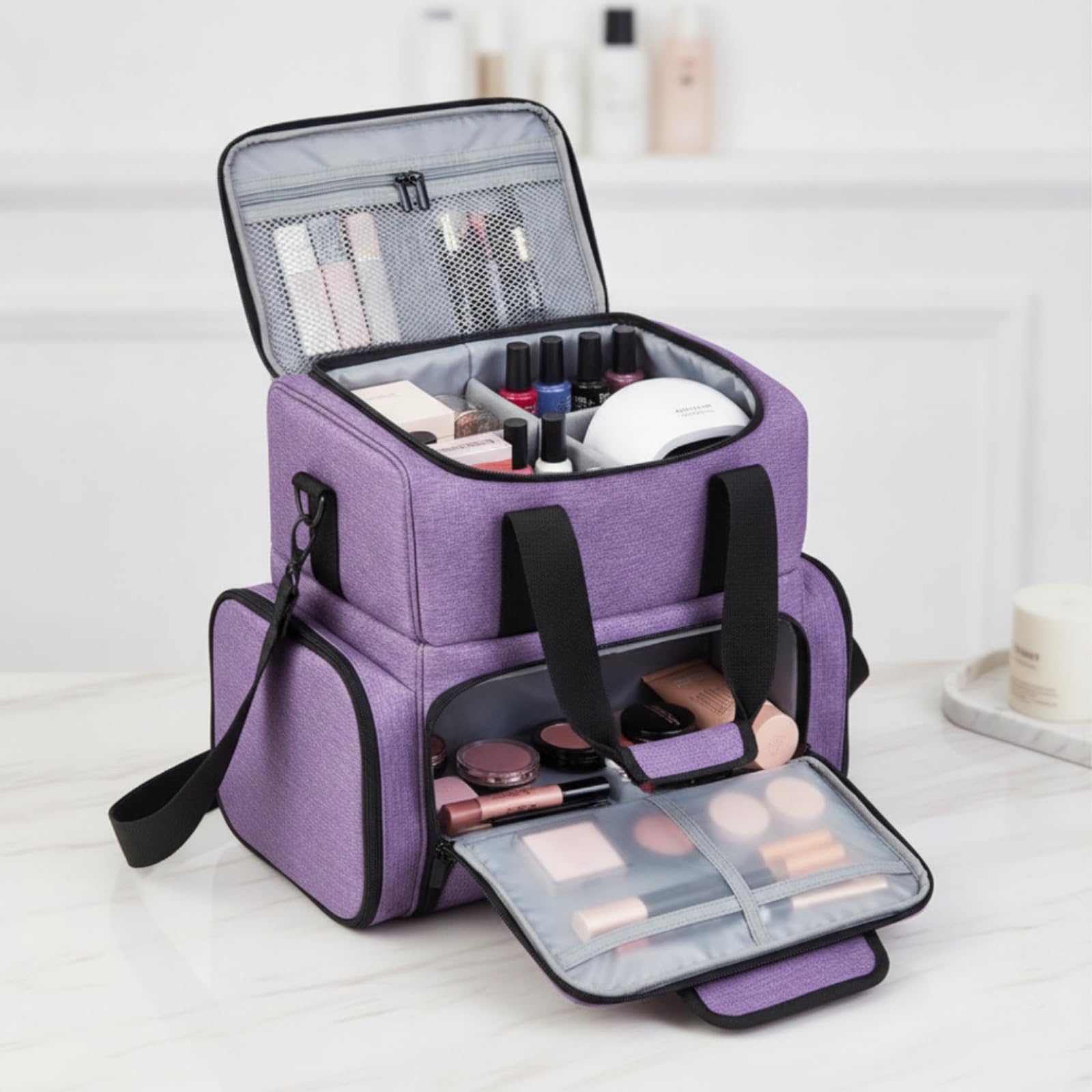 Nagellack Organizer Tasche Aufbewahrung Koffer Etui mit Doppeltem Fach Und Einsatz Halterungen Gepolstert aus Nylon für Transport von Maniküre Zubehör, Array, Dunkelgrau, 41.5x23.5x34.5cm