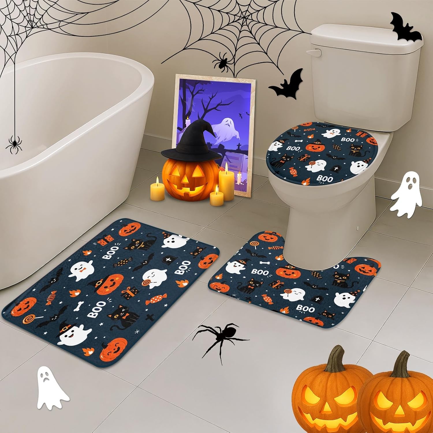 ArtSocket Bathroom Sets with Shower Curtain and Rugs, 4 Pcs, Ghosts | Halloween Pumpkins Spooky Cute Bathroom Decor Set with Toilet Lid Cover, Non-Slip Bath Mats and Accessories 12 Hooks