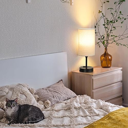 Miniatura 7 de GGOYING Lámpara de mesita de noche, 3 modos de color, lámparas de noche 2700K 3500K 5000K con salida de CA, pantalla cilíndrica beige para sala de