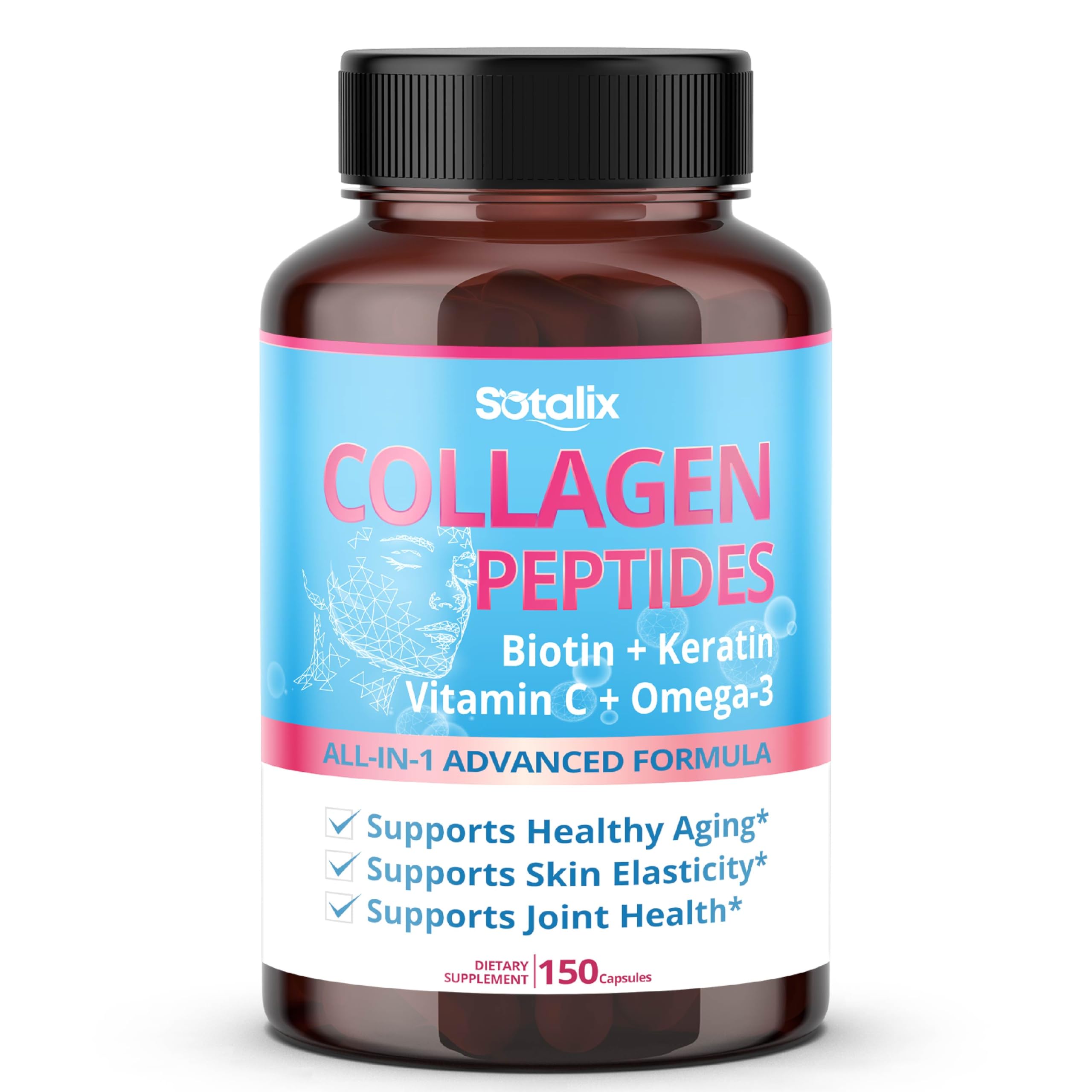 Collagen Peptides with Biotin Keratin Vitamin C Omega 3 - Radiant Skin Healthy Joint Nails 150-day Supply