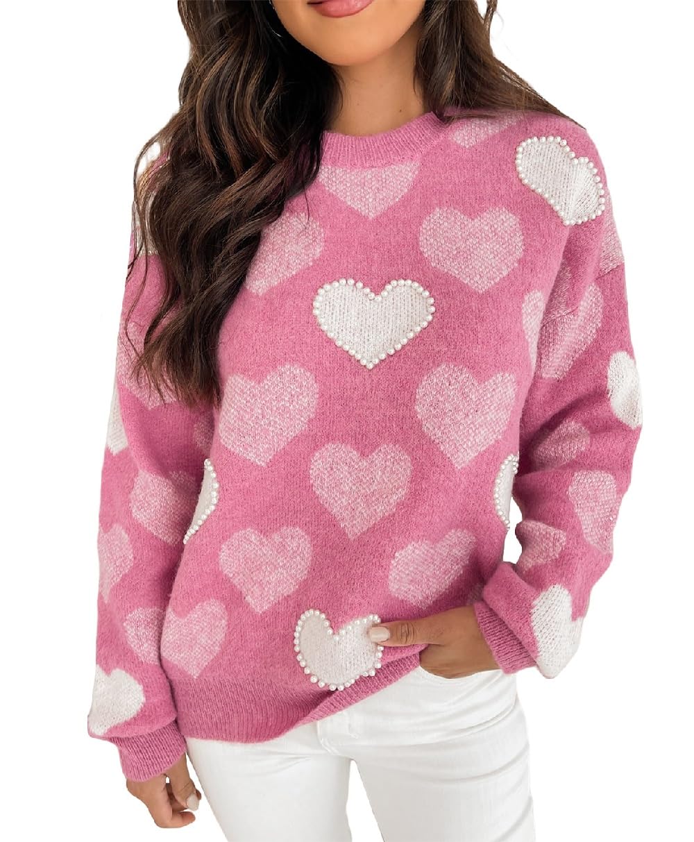 Women Heart Print Knit Sweater Long Sleeve Round Neck Love Pattern Top Valentines Day Oversized Jumper Top