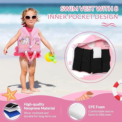 Miniatura 3 de MoKo Kids Toddler Swim Vest, Colorful Cartoon Children Swimming Vest Learn to Swim Watersports Equipment Beach Pool Floats Buckle Swimwear with