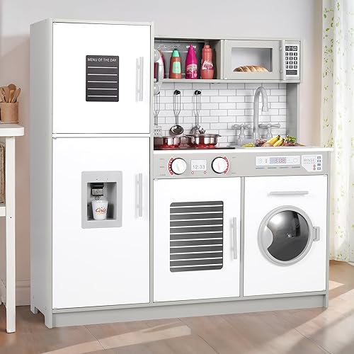 Miniatura 1 de Juego de cocina para niños, juego de juguetes de madera con diseño realista, sonidos de luces, ollas y utensilios para niños y niñas a partir de 3