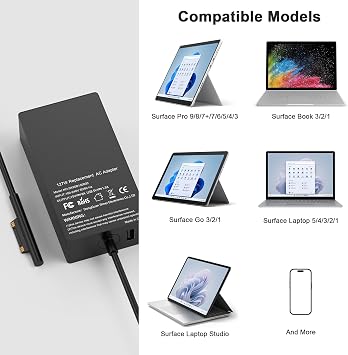 127W 15V 8A Laptop Charger for Microsoft,Compatible with Surface Pro X 9 8 7 6 5 4 3, Surface Book 3 2 1, Surface Laptop 5 4 3 2 1 and Surface Go 3 2 1 Power Cord AC Adapter Supply