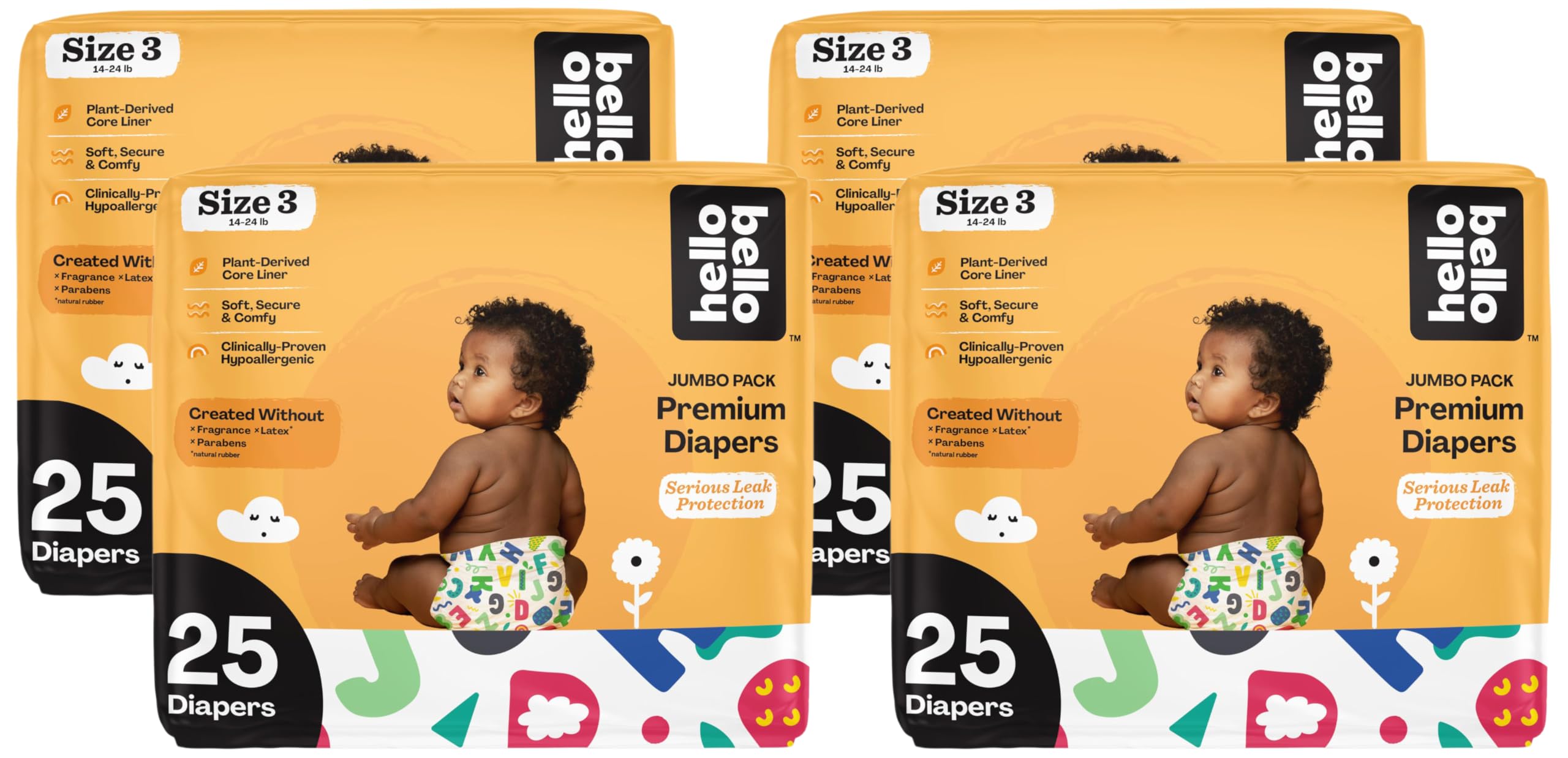 Hello Bello Premium Baby Diapers Size 3 I 25 Count of Disposable, Extra-Absorbent, Hypoallergenic Baby Diapers with Snug and Comfort Fit I Alphabet Soup (Pack of 4)
