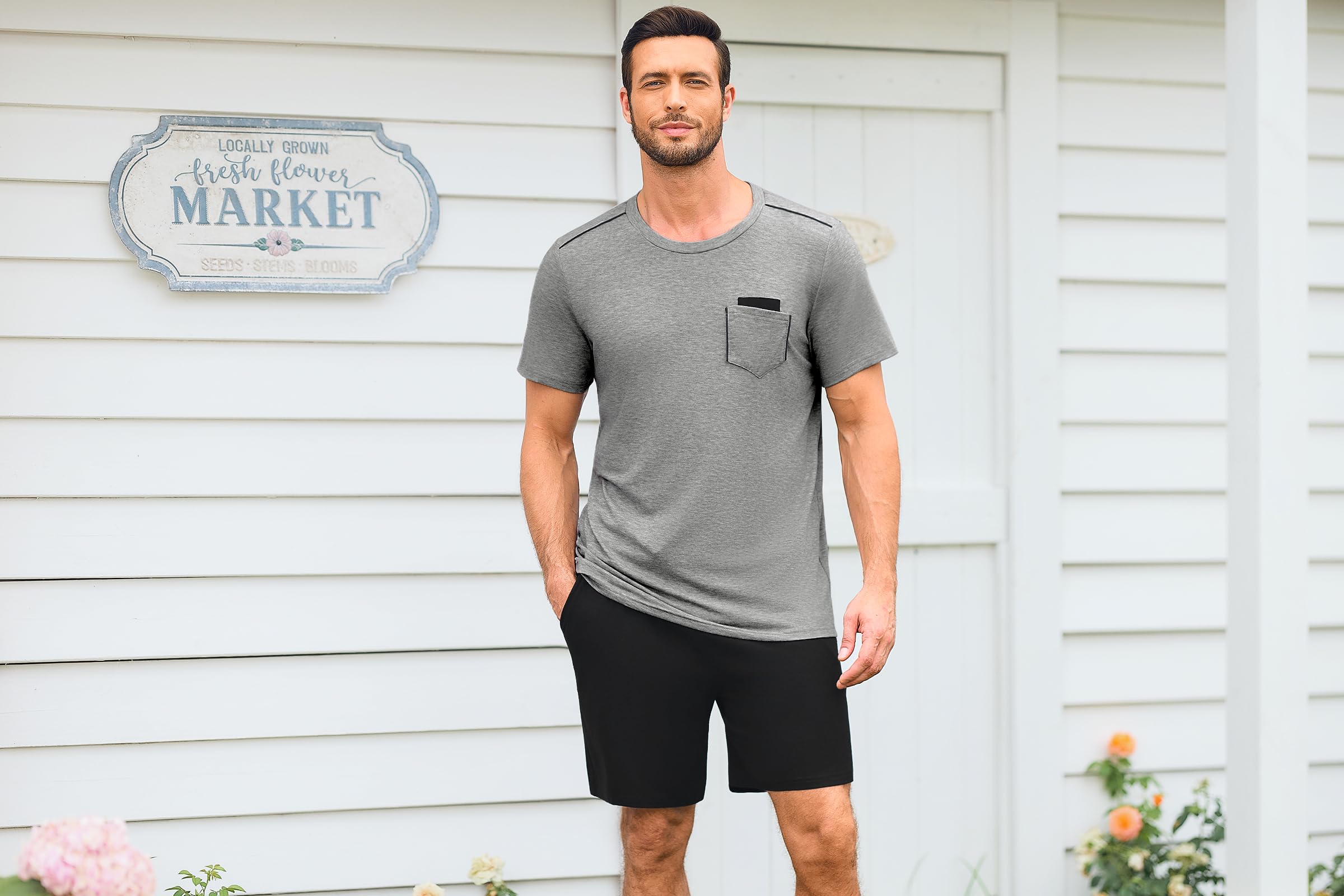 Uniexcosm Pijama Corto de Hombre Verano Conjunto de Pijama Hombre 2 Piezas Ropa de Dormir de Algodón Camisetas Manga Corta y Pantalones Cortos