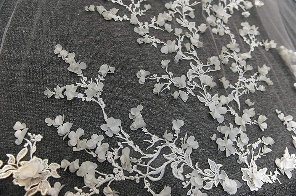 Bruidssluier 3D Bloemen Bruids Tule Bloemen Bruiloftssluier 1 Laag Lange Sluiers Kanten Rand Bloemblaadjes Met Kam Bruidssluier Tule