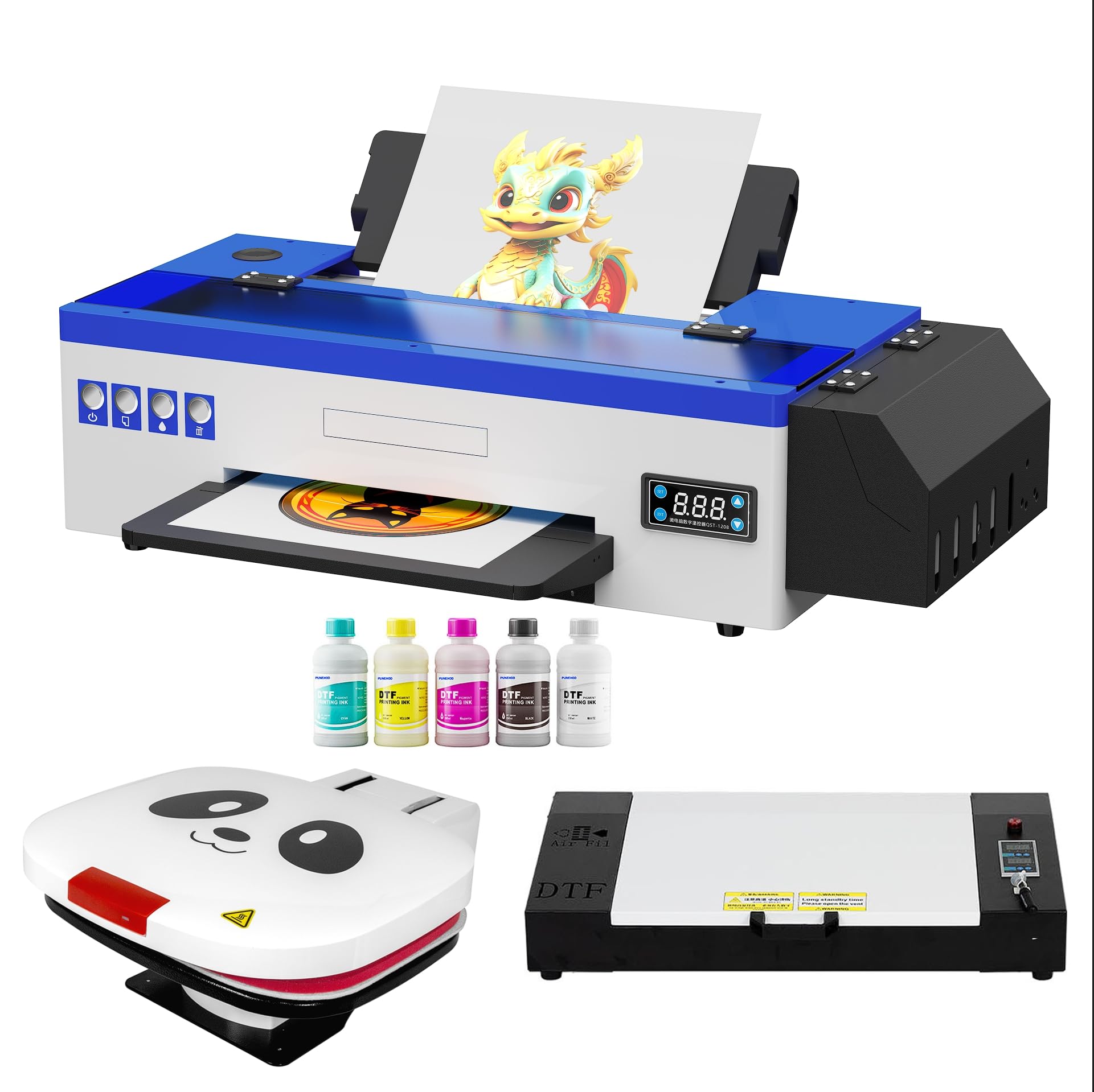 PUNEHODDTF Printer A3 L1800 with White Stirring System Transfer Printing Machine with Roll Feeder Direct to Film Printer or DIY Print T-Shirts（Printer+Oven+Het Press+6x250ml Ink