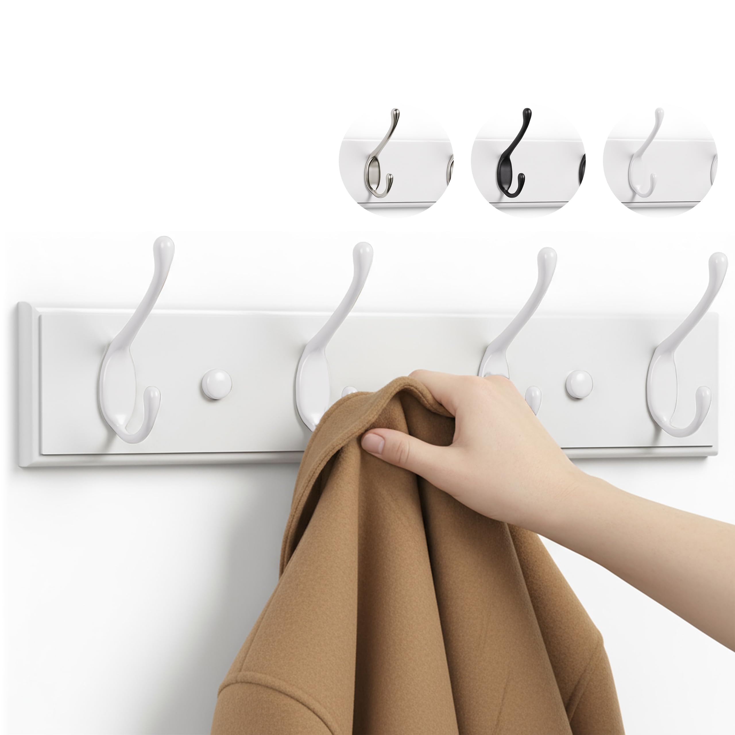 Larhn White Coat Hooks Wall Mounted Coat Rack - 4 Wall Hooks - 42 Cm - All Fixings Included For Quick & Easy Installation
