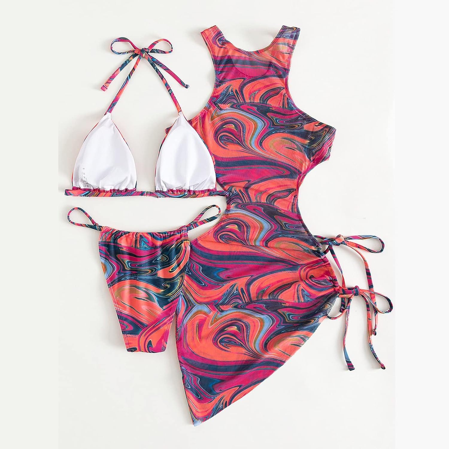 3 Piece Swimsuits for Women Padded Floral Print String Bikini Sets Bathing Suit Set Sexy Cutout High Neck Mesh Beach Cover Up