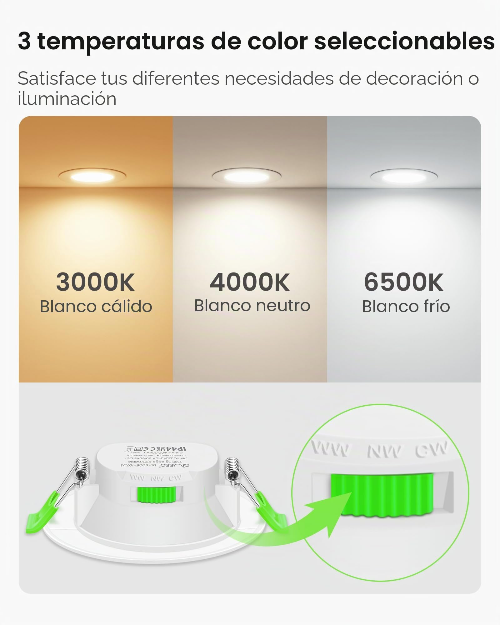 ALUSSO Downlight LED Techo Empotrable Regulable, 7W IP44 Focos Interior Techo Empotrado 3000K 4000K 6500K Ajustable, Ultradelgado 29mm, φ67-75mm, Ojos de Buey Baño Salón, 6 Pack