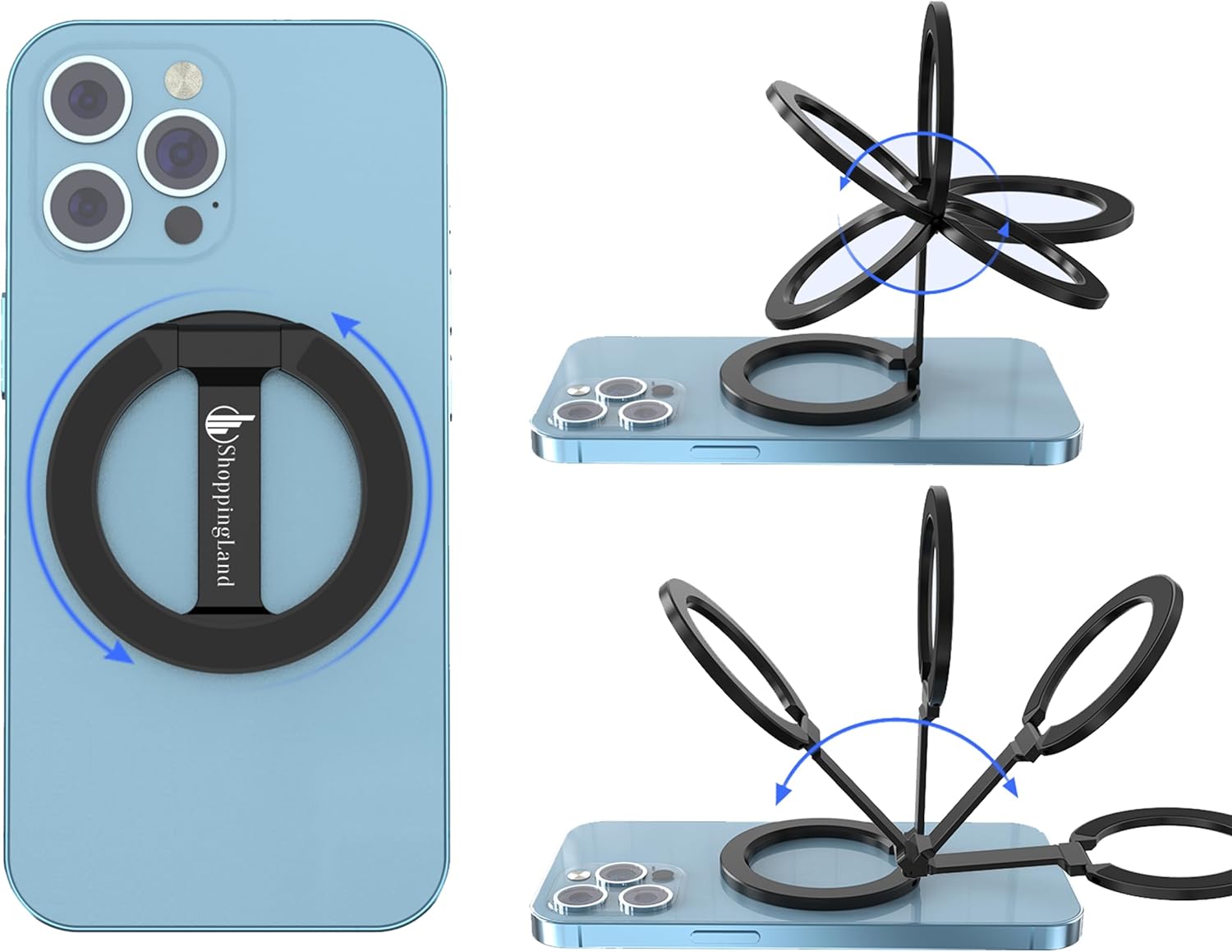 Strong Magnetic Phone Grip with Kickstand - Versatile Cell Phone Holder for Gym, Car Mount- Durable Double-Sided Magnetic Ring- Includes Metal Ring, Compatible with iPhone and All Cell Phones- (Black)