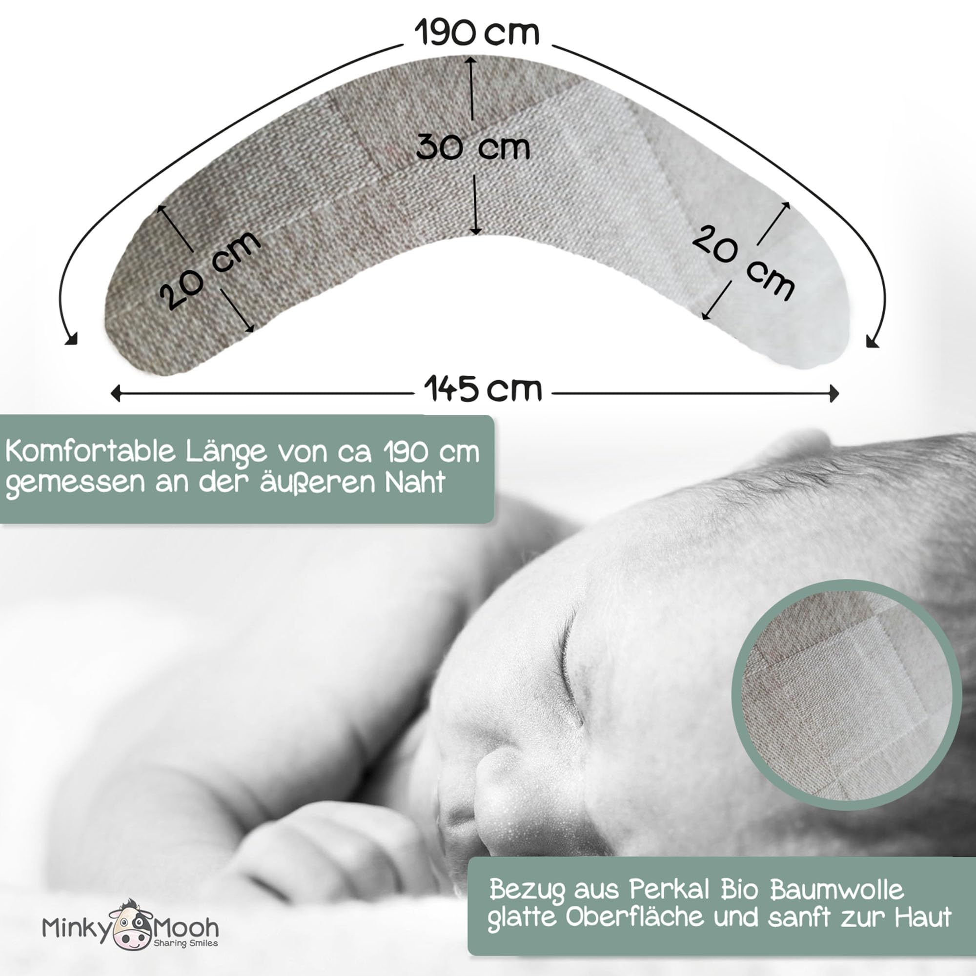 Stillkissen XXL Bio Baumwolle (Öko-Tex 100) mit Kapok Füllung (190x30cm) créme - Großes Baby-Kissen zum Schlafen, Stillen & Flasche geben, Schwangerschaftskissen & Seitenschläferkissen