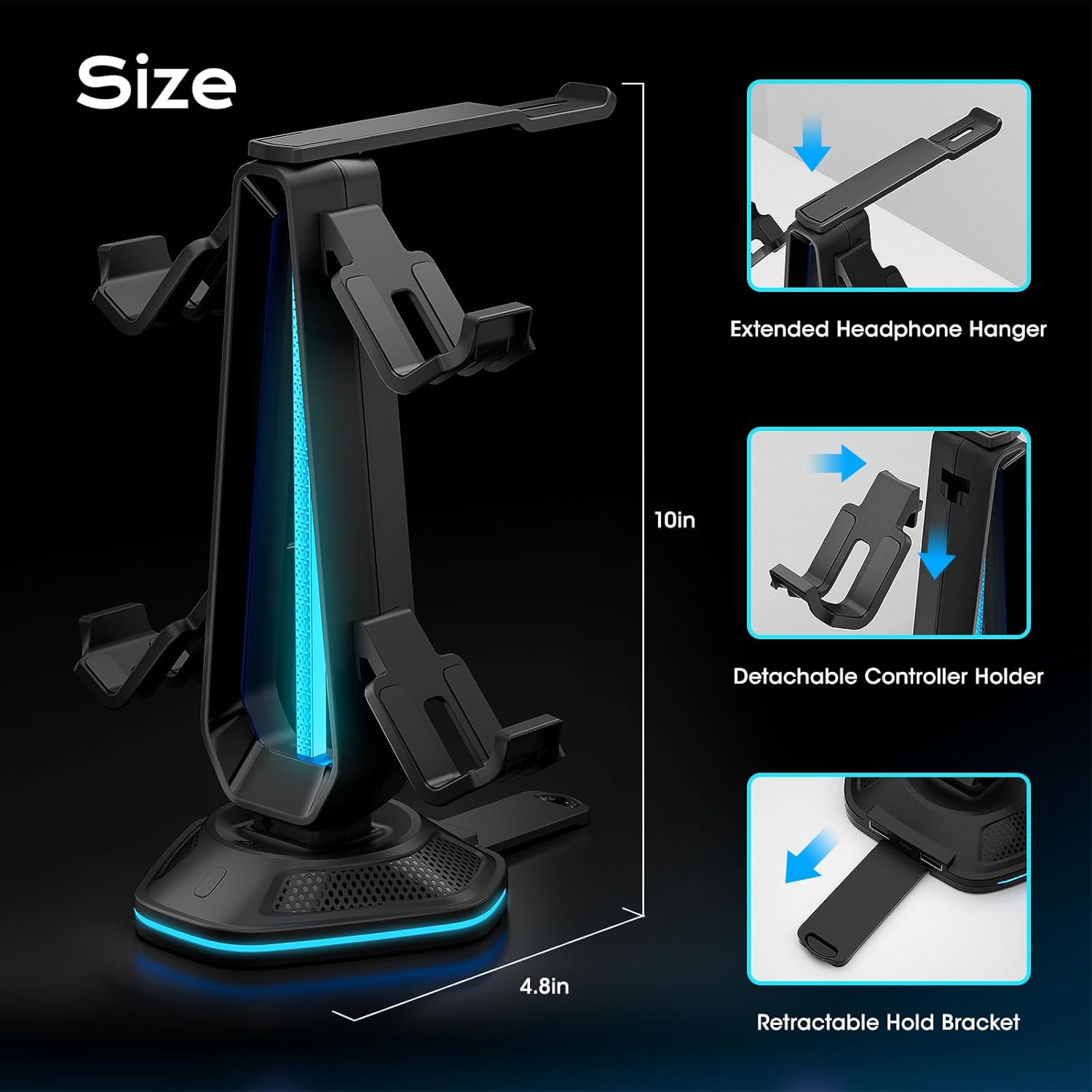 Saitake RGB Controller Holder with 9 Light Modes,Controller Stand with 2 USB Ports,Headset Stand for Desk-Headphone Holder Suitable for All Headphones and Controllers - Image 2
