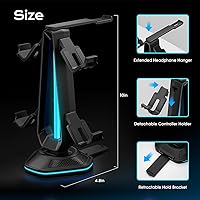 Vista 2 de Saitake Soporte para controlador RGB con 9 modos de luz, soporte de controlador con 2 puertos USB, soporte para auriculares de escritorio adecuado