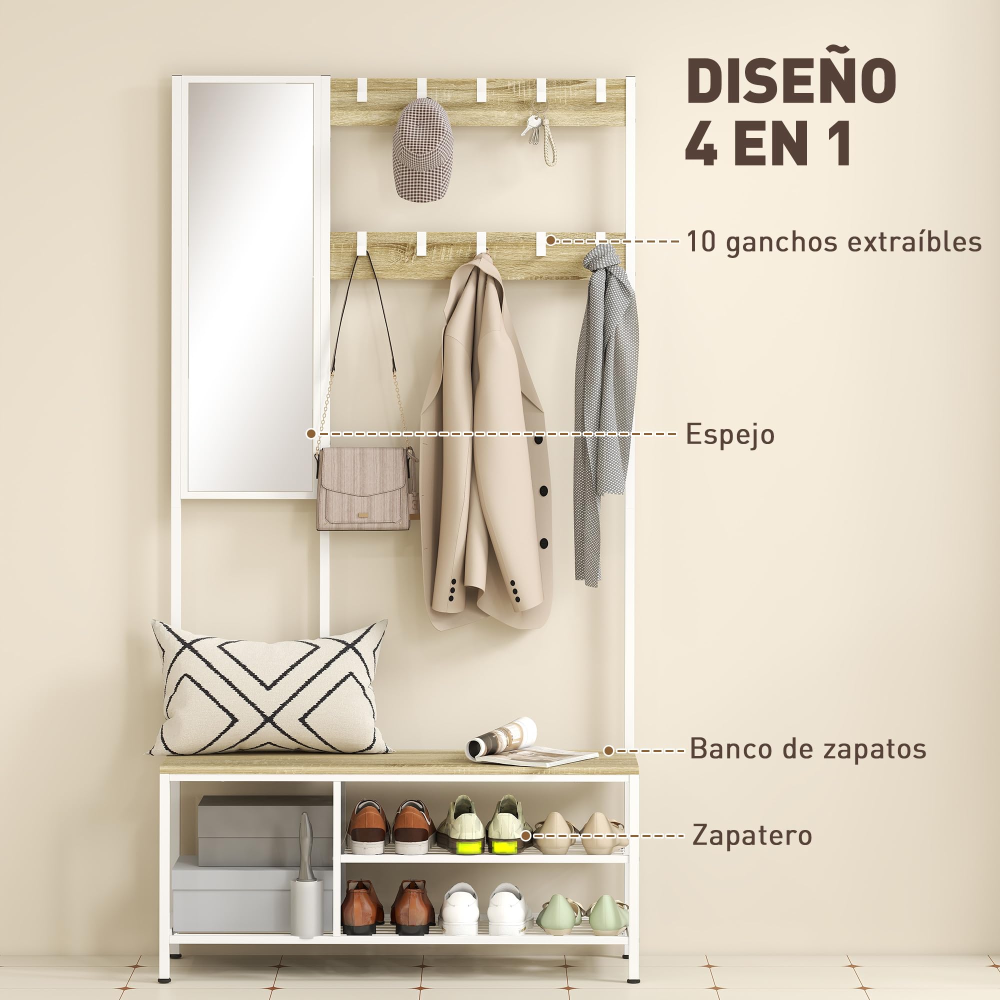 HOMCOM Perchero Zapatero con Espejo, 4 en 1, 98x34x186 cm, Madera Natural | Perchero Entrada Recibidor, 3 Estantes, Banco, 10 Ganchos Ajustables, Estilo Moderno, para Pasillo, Dormitorio, Salón
