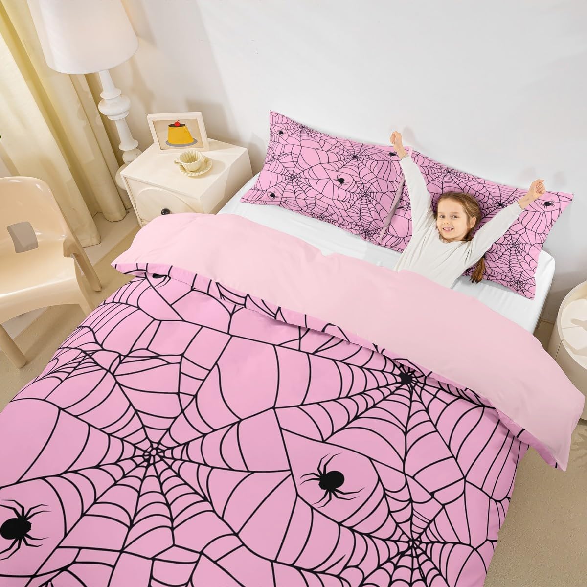Feelyou Kids Pink Halloween Bedding Set King Size Pink Spider Web Duvet Cover for Girls Teens Bedroom Decor Halloween Spider Comforter Cover Women Pink Black Bedspread Cover with 2 Pillow Case