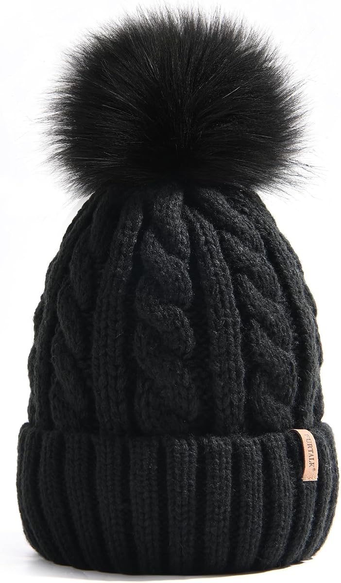 Gorro de invierno de punto para mujer, forro polar cálido con pompones de piel sintética, gorros de esquí gruesos para mujer, gorro de calavera tejido