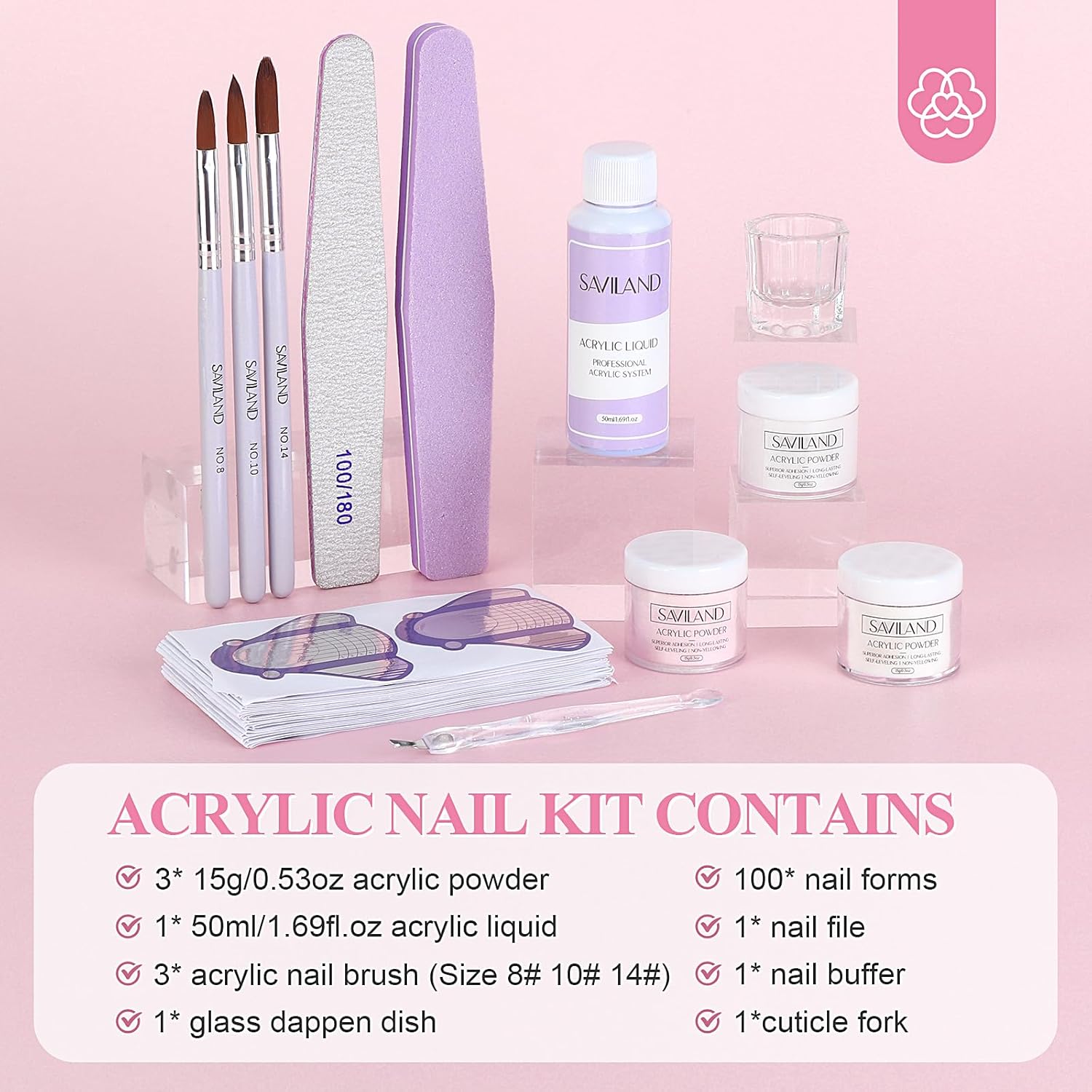 SAVILAND Acrylic Nail Kit Starter Set: Acrylic Nail Kit for Beginners with Everything White Pink Clear Acrylics Powder and Liquid Set #8/10/14 Nail Brush Forms Manicure Tools Home Nail Salon DIY