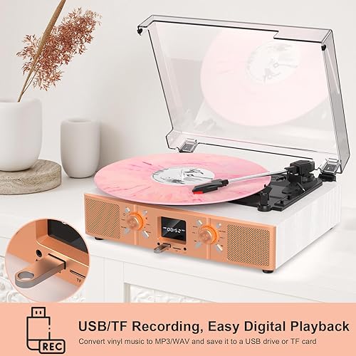Miniatura 5 de Reproductor de discos de vinilo, reproductor de discos Bluetooth con grabación USB y altavoces integrados, tocadiscos de 3 velocidades, reproductor