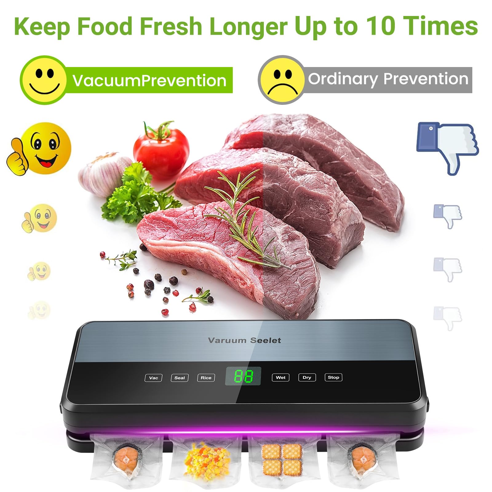 Machine Sous Vide Alimentaire 6 en 1, Sous Videuse Alimentaire pour le Mode Sec/Moist Avec Tuyau D'aspiration D'air, Coupeur Intégré et Rangement du Sac, 1 Rouleau de Sacs, 30 Sacs
