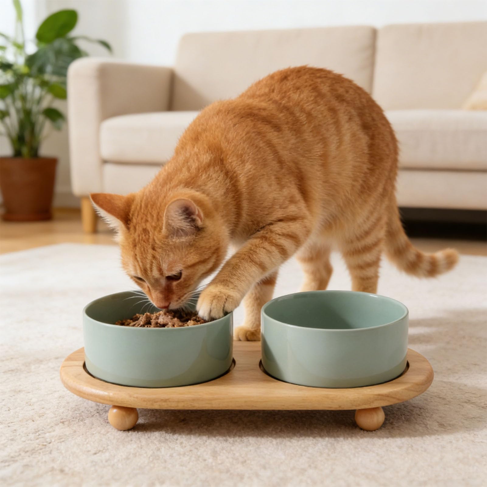 Sxhlseller Gamelles Surélevées en Céramique pour Chat avec Support en Bois, Ensemble de Nourriture et d'eau Surélevées pour Chaton en Riz Blanc, Passent au Micro-Ondes et au Lave-Vaisselle, Non