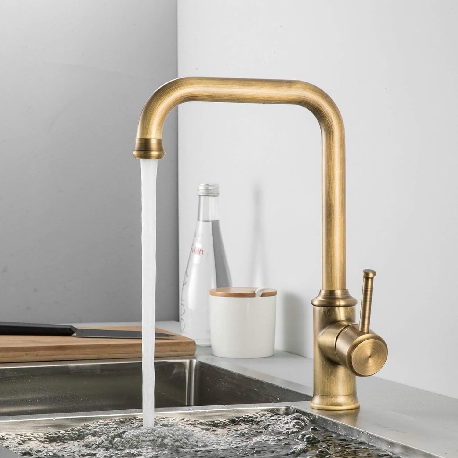 Kitchen Sink Tap with Swivel Spout, Antique Brass Lever Sink Taps, Contemporary Modern Kitchen Sink Mixer Faucet, Bathroom Faucets