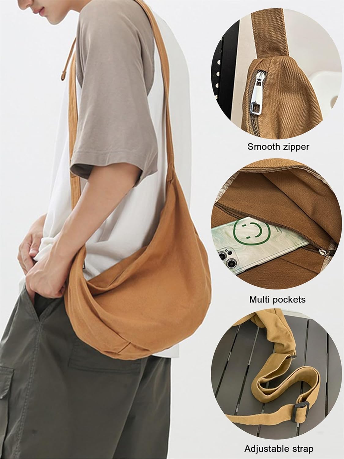 TeeYee Women Tote Bag Crossbody Crescent Bag Fashion Canvas Hobo Shopper with Zipper Pockets for Work Travel